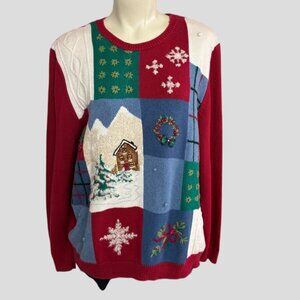 Alfred Dunner Holiday Christmas Knit Sweater, w/Winter House, Wreath, Snowflakes